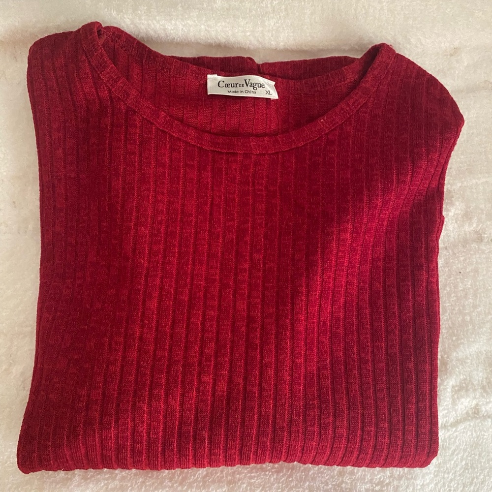 Red Ribbed Puffed Sleeve Sweater/Top by Coeur de Vague